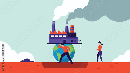 Man struggles to carry a heavy polluting factory on top of the globe representing human impact on climate change and environmental degradation.