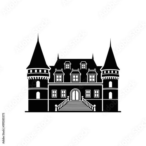 Black Silhouette of a Grand Castle with Towers and Steeple