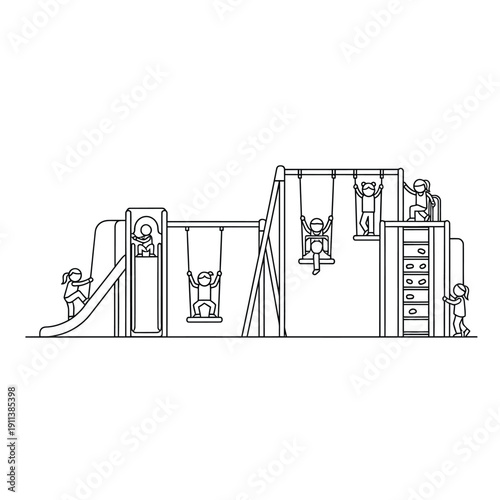 Line art illustration of children playing on a playground with swings, slides, and climbing frames.