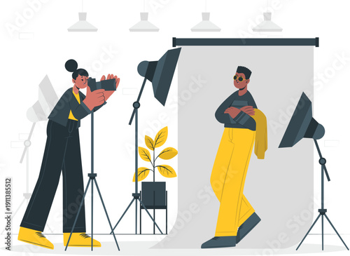 Fashion photographer capturing stylish model posing in studio with professional lighting and backdrop