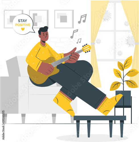 Relaxed young man playing guitar happily in a cozy living room with plants and framed pictures on the wall
