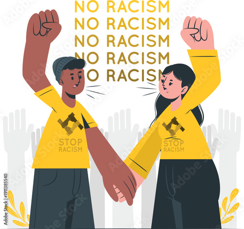 Diverse individuals holding hands together in solidarity against racism in a cityscape