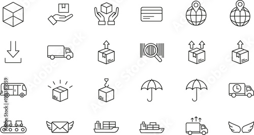 Shipping and delivery outline icon set featuring package tracking truck cargo protection global logistics vector collection
