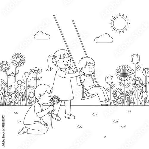 Line art illustration of children playing in a garden with flowers, a girl pushing a boy on a swing, and another boy smelling a flower under the sun.