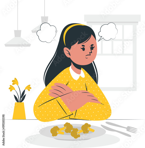 A young girl sits at a table, unhappy and uninterested in her meal, surrounded by a simple dining environment.