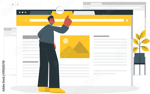 Man interacting with large digital interface displaying image and text content