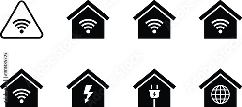 Smart home wifi house icon set featuring internet connection energy automation vector collection
