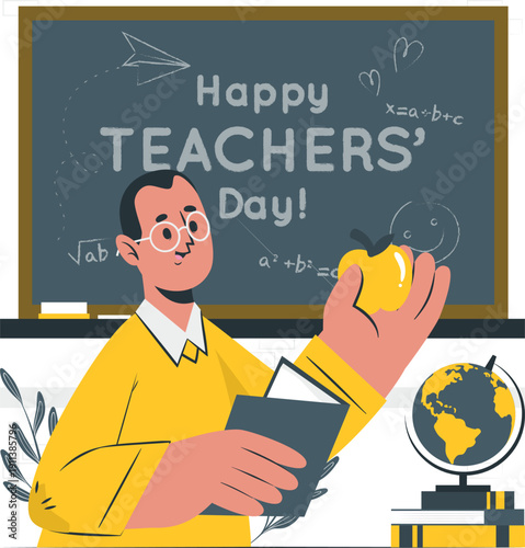 A smiling teacher holding an apple stands in front of a blackboard with a globe on a desk nearby