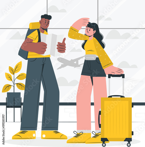 Travelers greeting at airport terminal with luggage and thumbs up, seen from a casual viewpoint