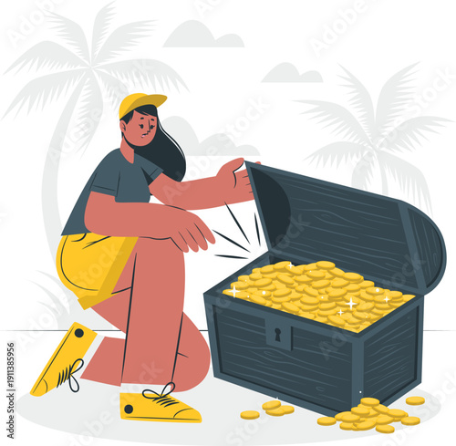 A young adventurer discovers a treasure chest filled with gold coins on a tropical island