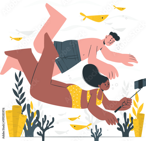 Couple snorkeling together in ocean, exploring underwater world, vibrant marine life surrounding them, illustration, serene atmosphere, viewed from above