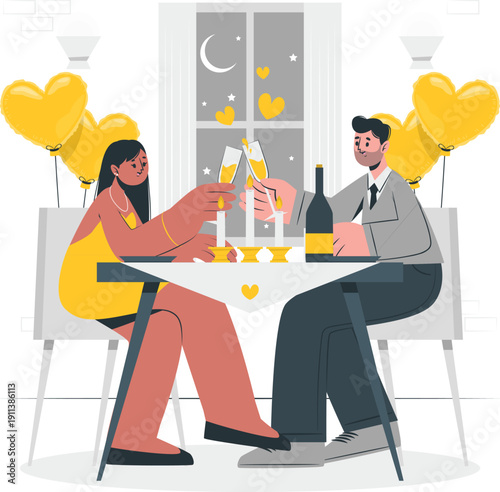 Couple toasting with champagne at a romantic dinner table decorated with hearts and balloons near a window