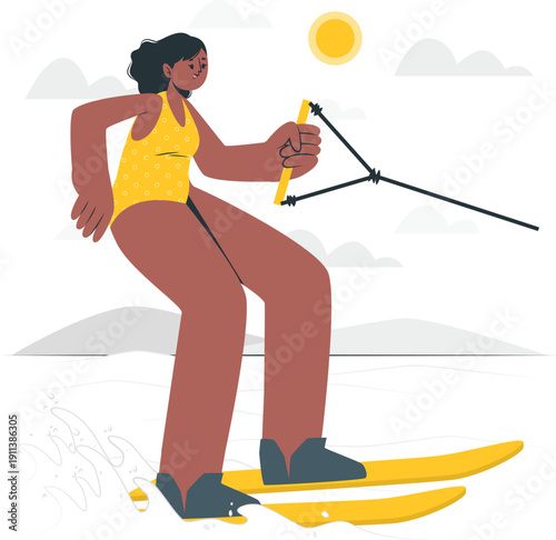 Woman water skiing on a serene lake with a sunny sky and distant hills
