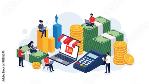 Diverse team manages online retail business with digital payment terminals and financial growth represented by stacks of cash and gold coins.