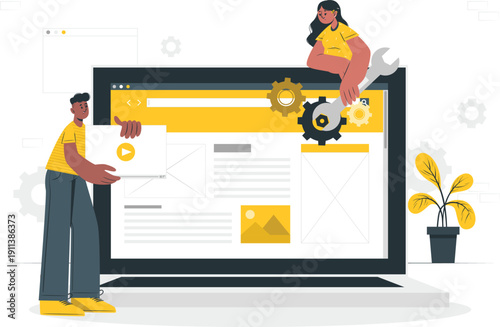 People working together on a large computer screen displaying a website with gears and icons