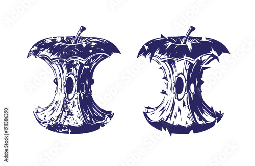 Grunge texture Two blue and white illustrations of cut apples with leaves on top and visible seeds and peels in a distressed style Vintage Style