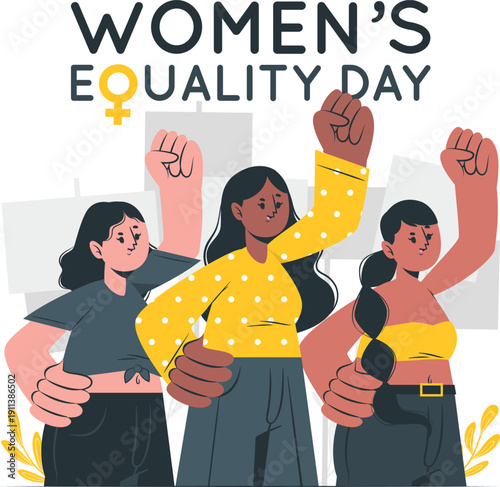 Women celebrating equality day together, standing united with raised fists in a vibrant illustration