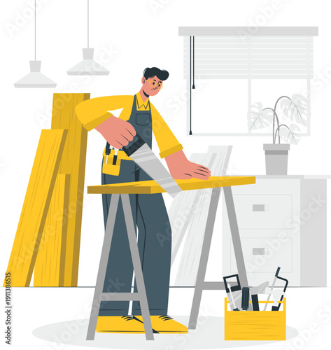 Carpenter working on wood at a workshop bench with tools nearby in a well-lit room