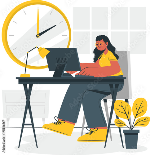 Woman working on computer at desk with clock and plant in a well-lit office environment from a slightly angled viewpoint