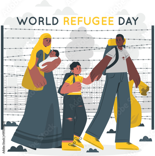 Family of refugees walking together near a border fence on World Refugee Day illustration