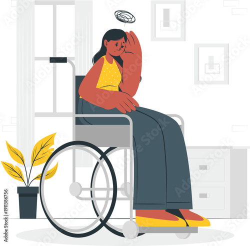 Woman in wheelchair sitting in a modern interior space feeling unwell at home