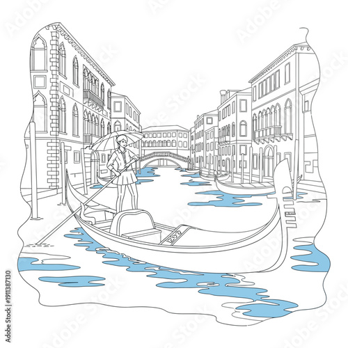 Detailed line art drawing of a gondola with a gondolier navigating a Venetian canal, surrounded by historic buildings and a distant bridge.