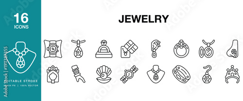 Jewelry icon set. Includes jewelry, jewel, necklace, ring, bracelet, earring and More. Editable Stroke Icon Collection.