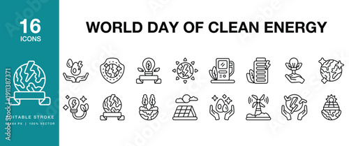 World Day Of Clean Energy icon set. Includes energy, clean, renewable, sustainability, solar and More. Editable Stroke Icon Collection.