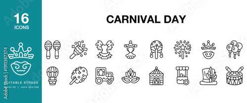 Carnival Day icon set. Includes carnival, festival, parade, celebration, circus and More. Editable Stroke Icon Collection.