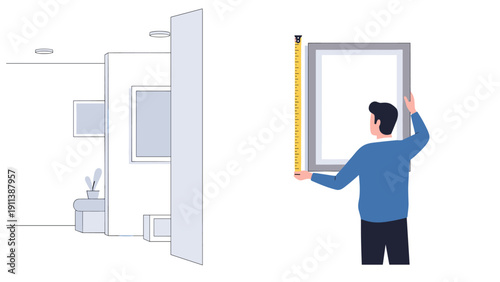 Man measuring wall space for art with tape measure in modern