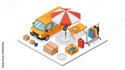 Isometric garage sale with van, clothes rack, and umbrella setup
