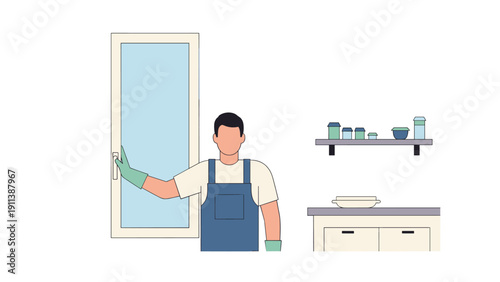 Person in apron cleaning near modern kitchen window with shelves