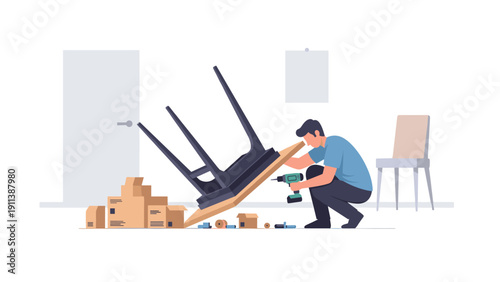 Man assembling furniture: home diy scene with tools and boxes