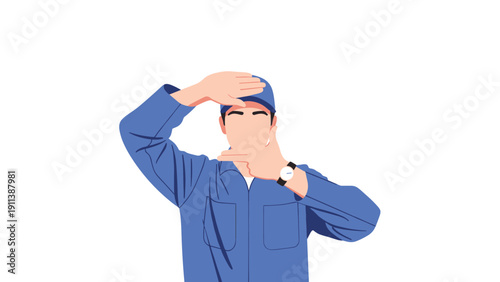 Minimalist portrait of worker gesturing focus with hands in blue