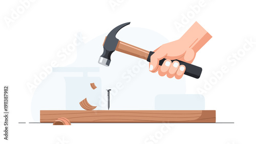 Hand hammering nail into wood plank with precision in minimalist