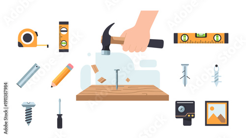 Flat design hand tools and woodworking elements for diy and