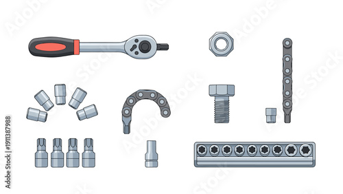 Hand tool kit with ratchet and sockets for mechanical repair in a