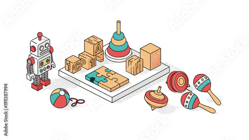 Retro toy collection featuring robot, blocks, puzzle, toys, maracas