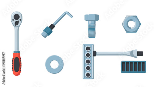 Toolkit essentials: wrench, bolt, and nut set in modern flat design