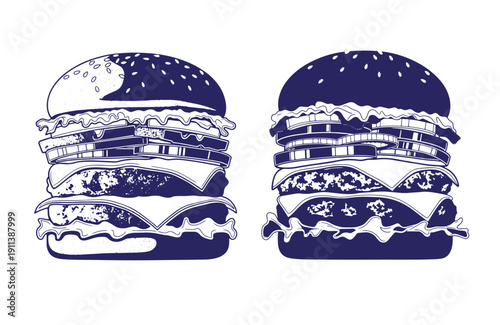 Grunge texture Two blue monochrome illustrations of hamburgers with sesame seed buns and multiple layers of meat cheese lettuce and condiments Vintage Style