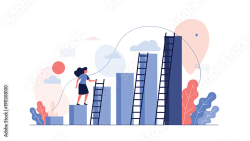 Determined businesswoman uses a ladder to climb up a sequence of rising bar charts representing significant career and financial growth.