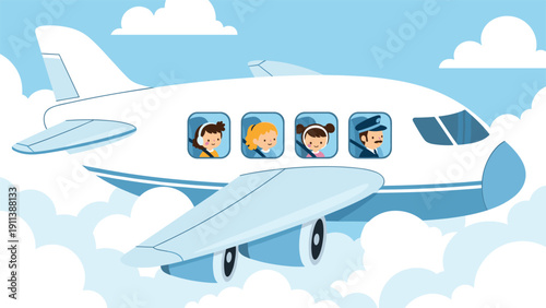 Large white commercial airplane flies through fluffy white clouds with happy children and a friendly pilot visible in the cabin windows.