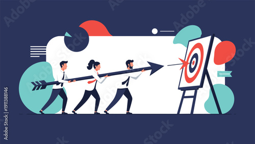 Team of three business professionals work together to carry a massive black arrow and aim it precisely at a red and white circular target.