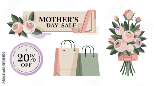 Mother's Day Sale, featuring roses, shopping bags, and a promotional discount.