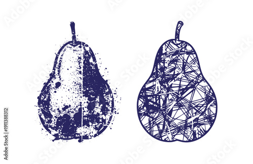 Grunge texture Two blue pears with artistic designs on white background Vintage Style