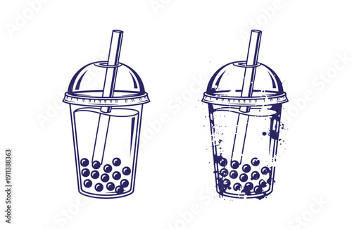 Grunge texture Two bubble tea cups with straws and boba on white background  illustration Vintage Style