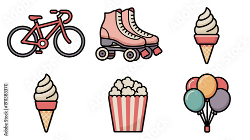 Fun illustration with bike, roller skate, ice cream, popcorn, and balloons.
