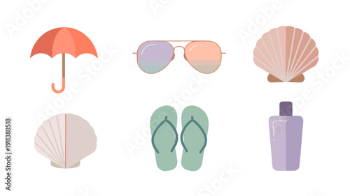 Set of beach vacation elements in flat design.