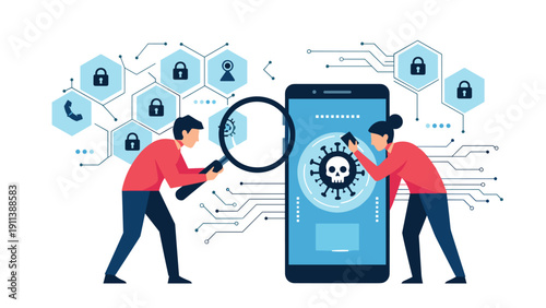 Cybersecurity experts use large magnifying glasses to examine a smartphone infected with a virus to protect personal data from digital hackers.