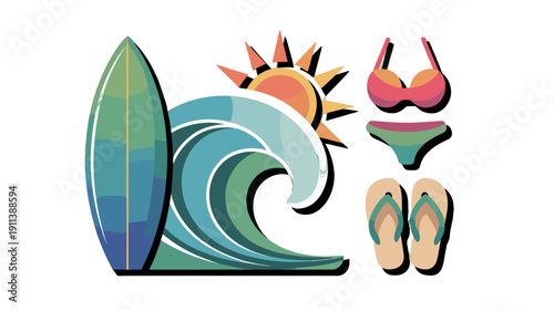 Summer vacation elements including surfboard, waves, bikinis, sandals, and sunlight.